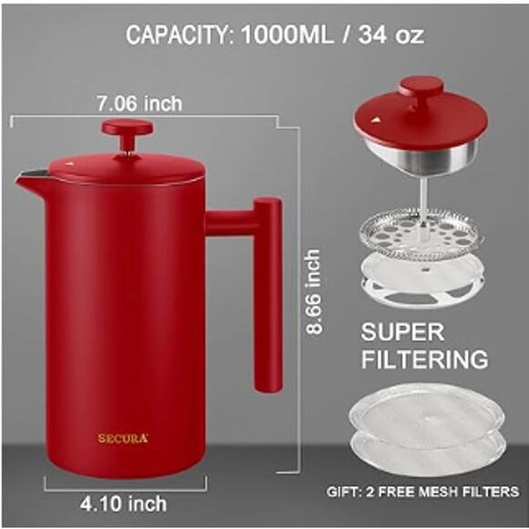 Stainless Steel French Press Coffee Maker, Double-Wall Coffee Press- 34oz, Red - Picture 2 of 6